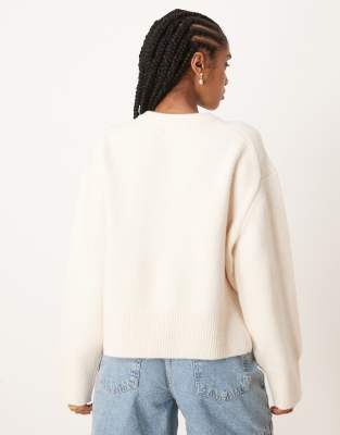 Asos Design Boxy Crew Neck Cardigan With Side Slit Detail In Neutral