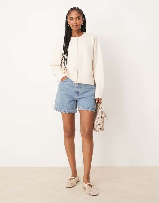ASOS DESIGN boxy crew neck cardigan with side split detail in cream