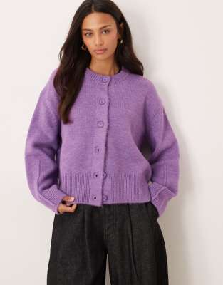 Asos Design Boxy Crew Neck Cardigan With Side Slit Detail In Purple