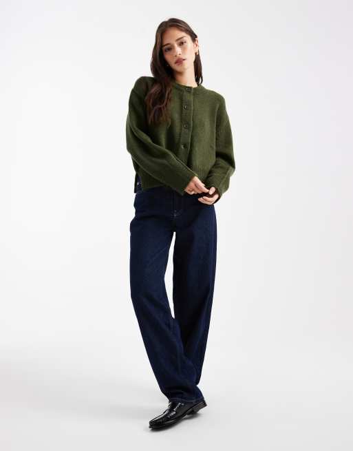 ASOS DESIGN boxy crew neck cardigan with side slit detail in olive