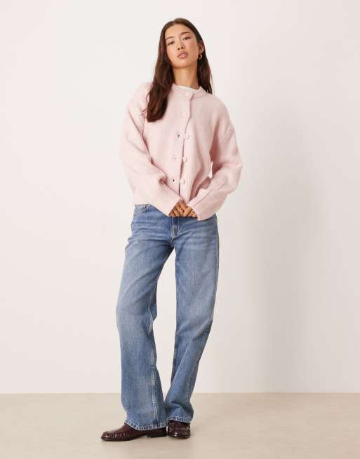 ASOS DESIGN boxy crew neck cardigan with side slit detail in pale lilac, 2 of 4
