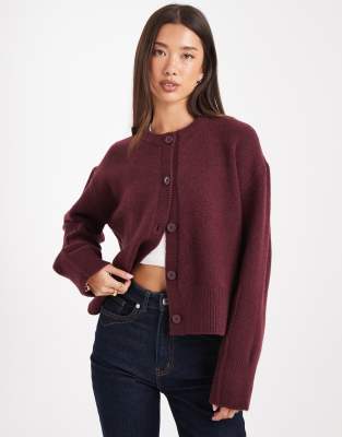 Asos Design Boxy Crew Neck Cardigan With Side Slit Detail In Burgundy