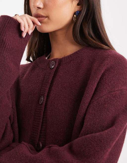 ASOS DESIGN boxy crew neck cardigan with side slit detail in plum