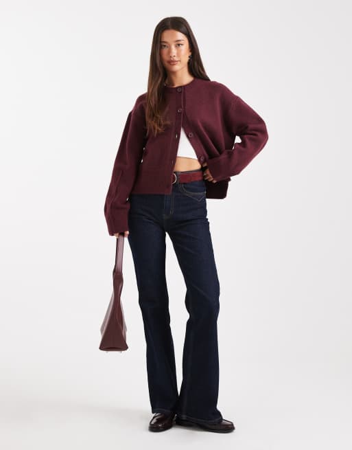 ASOS DESIGN boxy crew neck cardigan with side slit detail in plum