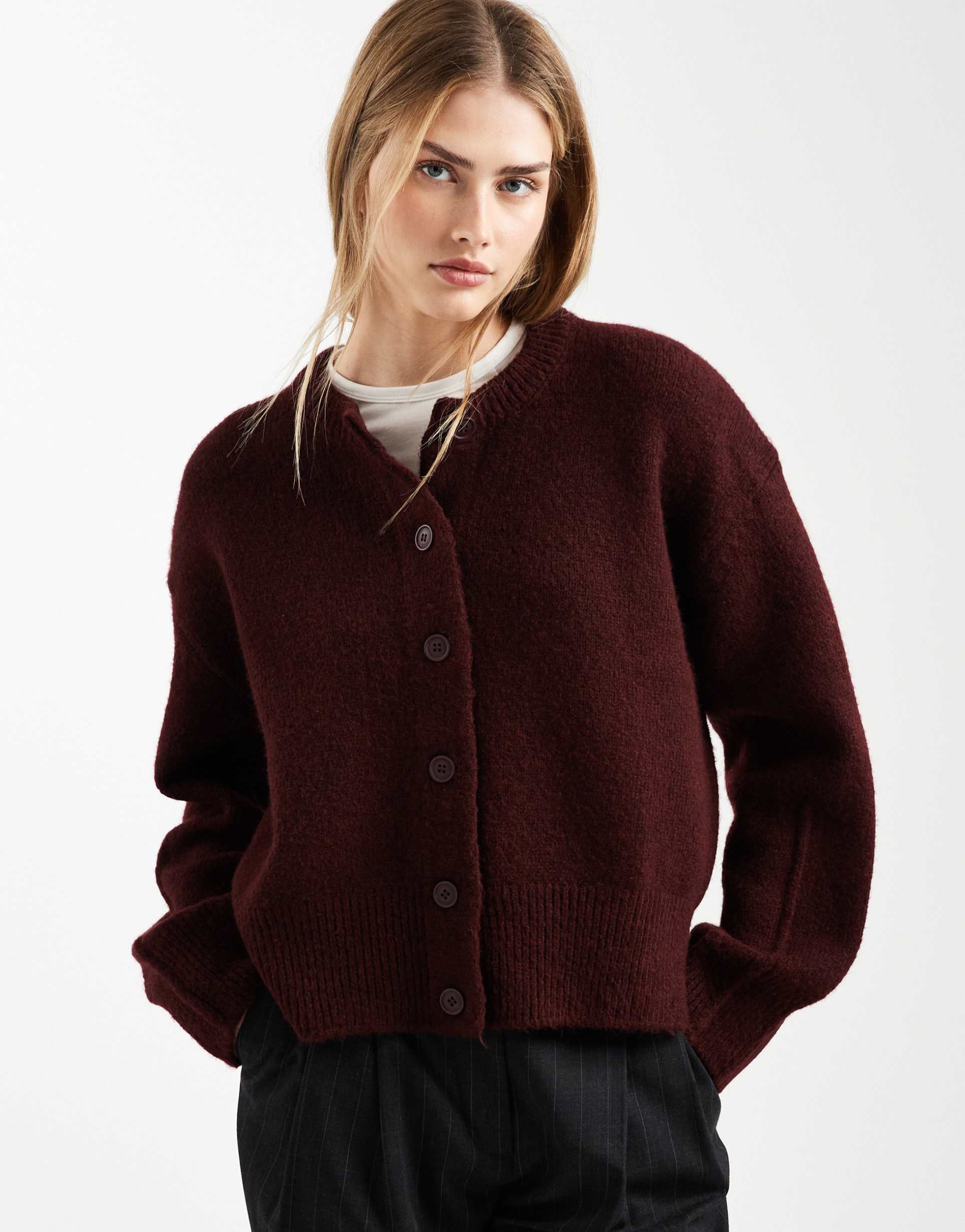 asos design boxy crew neck cardigan with side slit detail in plum