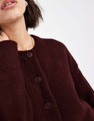 Asos Design Boxy Crew Neck Cardigan With Side Slit Detail In Burgundy
