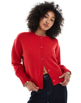 Asos Design Boxy Crew Neck Cardigan With Side Slit Detail In Red