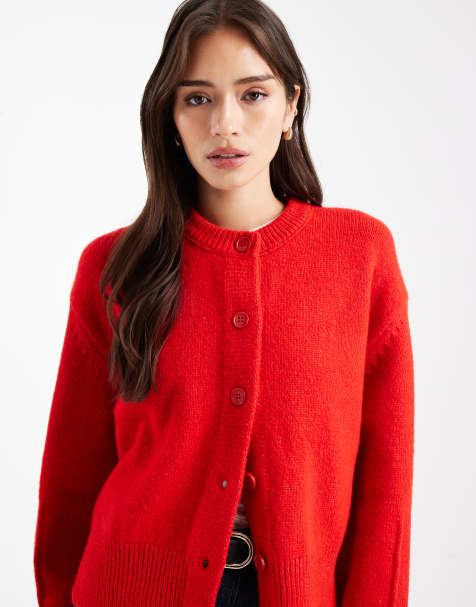 ASOS DESIGN boxy crew neck cardigan with side slit detail in red - view 1