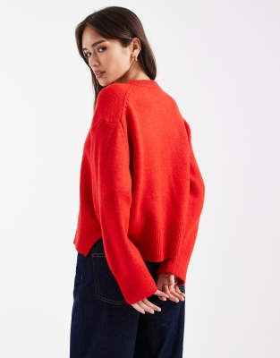 Asos Design Boxy Crew Neck Cardigan With Side Slit Detail In Red