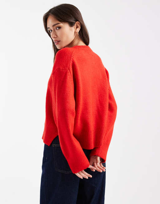 ASOS DESIGN boxy crew neck cardigan with side slit detail in red