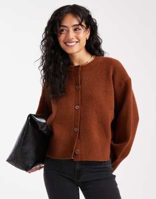Asos Design Boxy Crew Neck Cardigan With Side Slit Detail In Brown