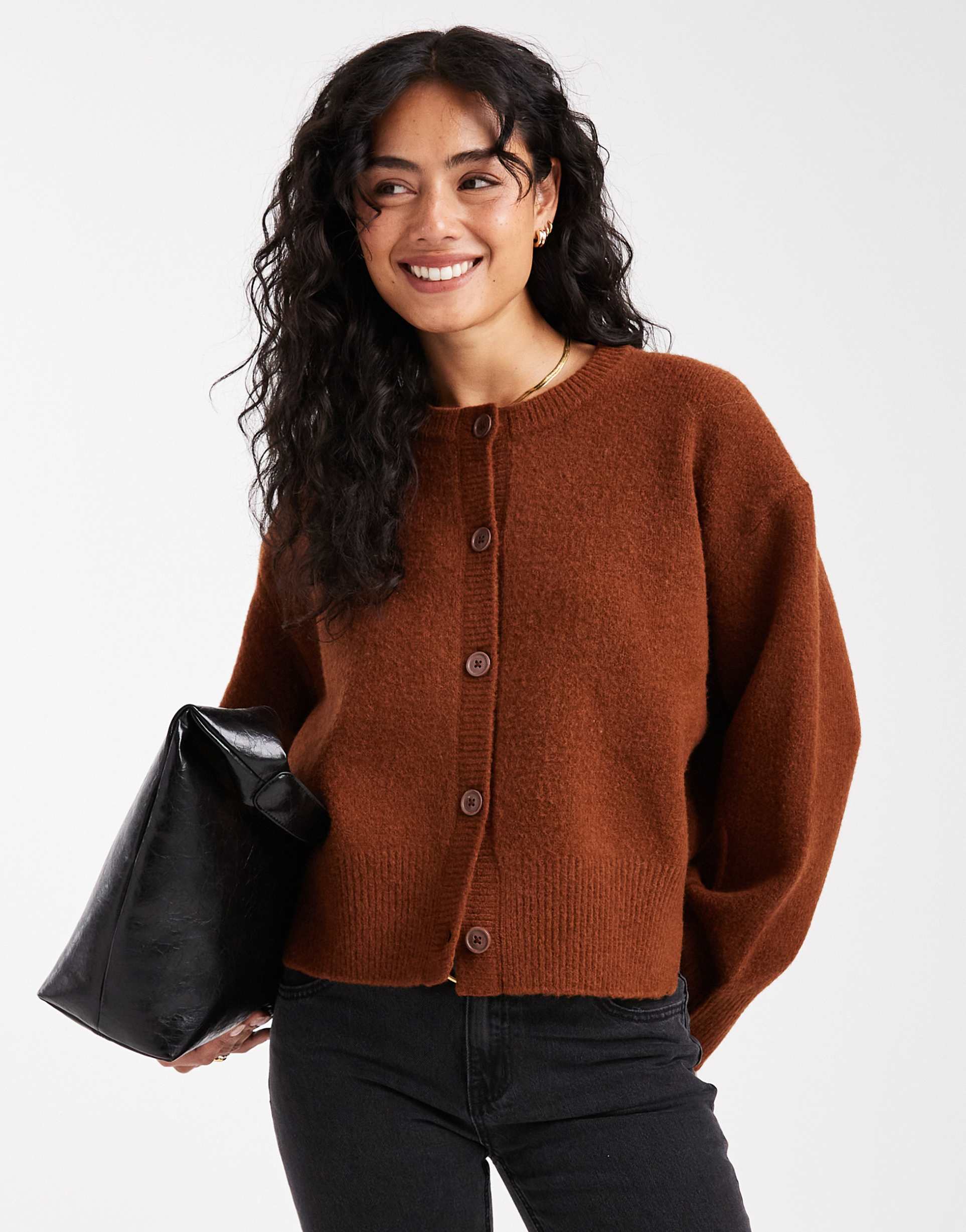 asos design boxy crew neck cardigan with side slit detail in toffee