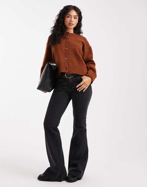 ASOS DESIGN boxy crew neck cardigan with side slit detail in toffee
