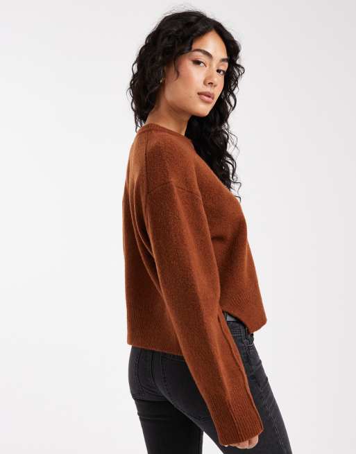 ASOS DESIGN boxy crew neck cardigan with side slit detail in toffee, 3 of 4
