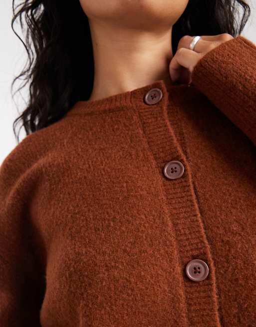 ASOS DESIGN boxy crew neck cardigan with side slit detail in toffee