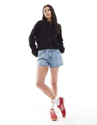 Asos Design Boxy Crew Neck Cardigan With Side Split Detail In Black