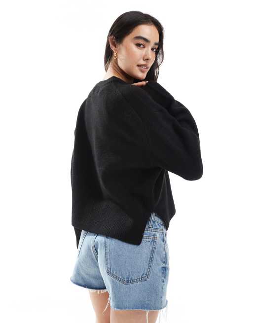 ASOS DESIGN boxy crew neck cardigan with side split detail in black