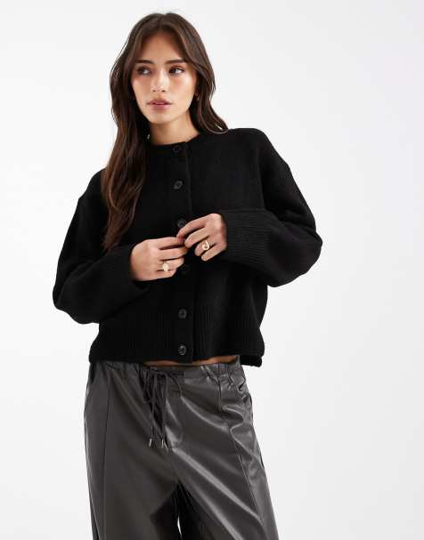 ASOS DESIGN boxy crew neck cardigan with side split detail in black