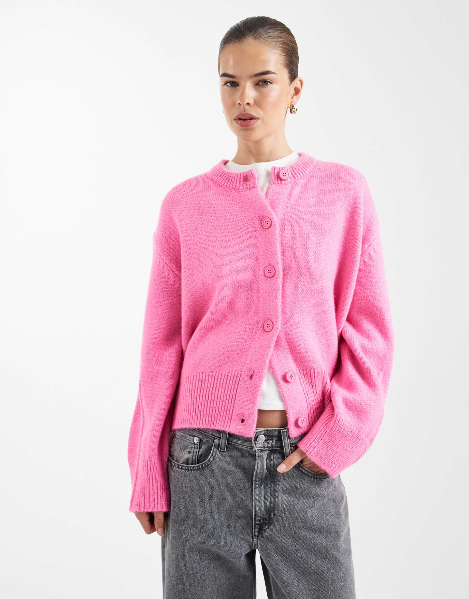 asos design boxy crew neck cardigan with side split detail in bright pink