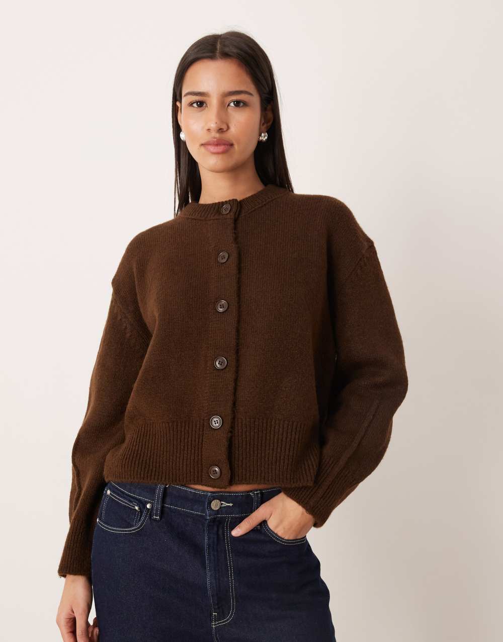 ASOS DESIGN boxy crew neck cardigan with side split detail in chocolate
