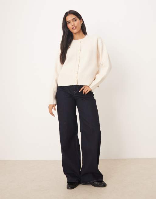 ASOS DESIGN boxy crew neck cardigan with side split detail in cream