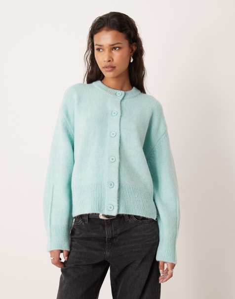 ASOS DESIGN boxy crew neck cardigan with side split detail in duck egg blue - view 1