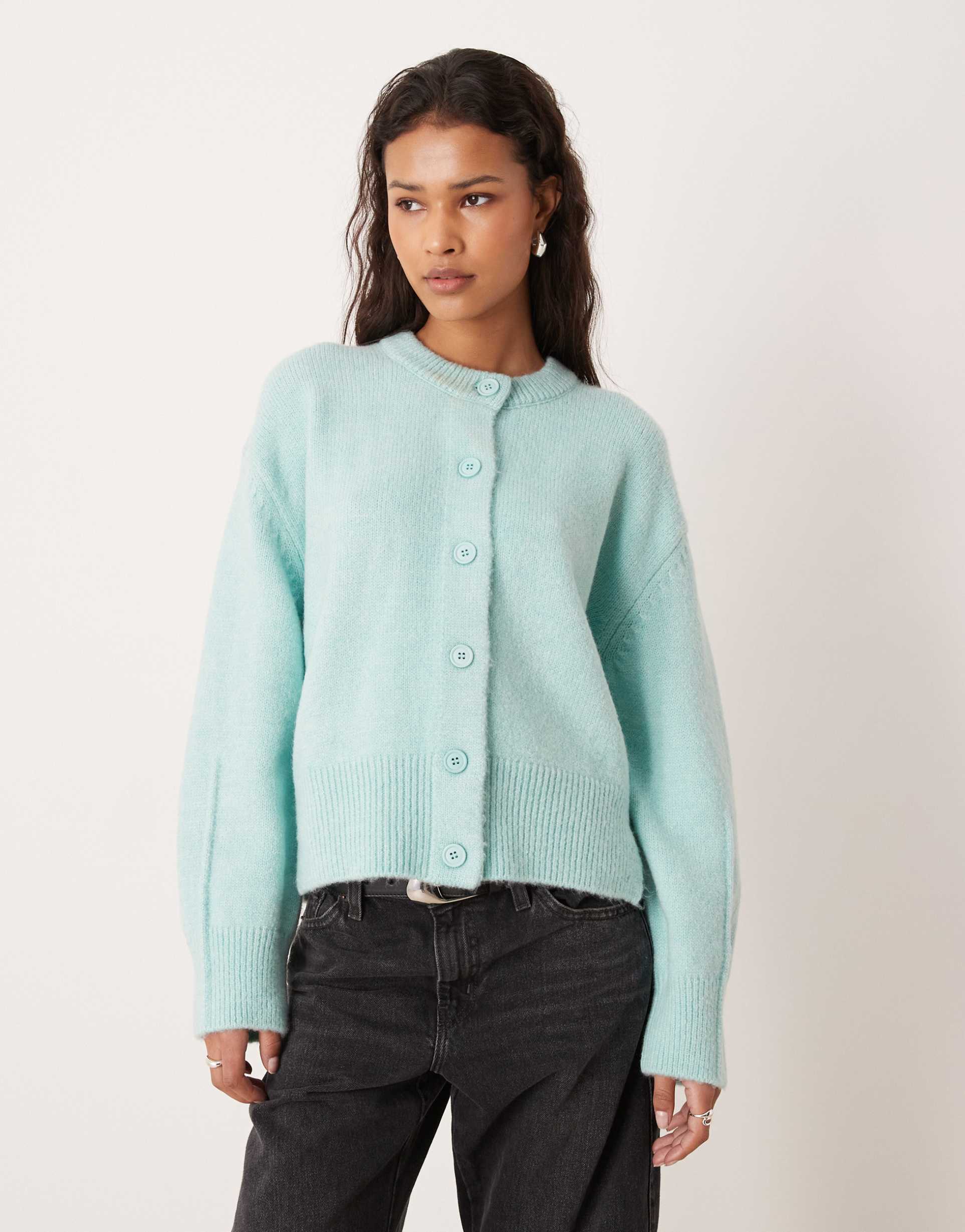 asos design boxy crew neck cardigan with side split detail in duck egg blue