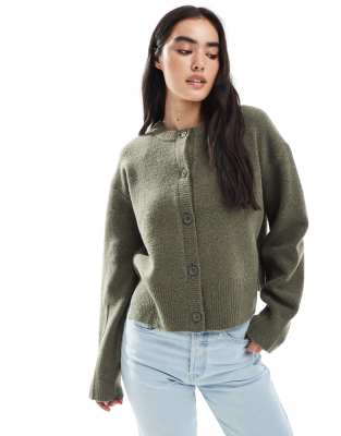 Asos Design Boxy Crew Neck Cardigan With Side Split Detail In Green