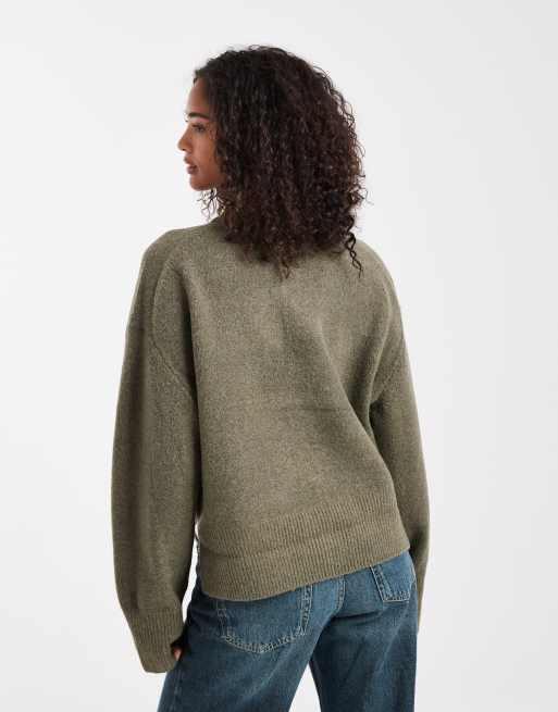 ASOS DESIGN boxy crew neck cardigan with side split detail in khaki