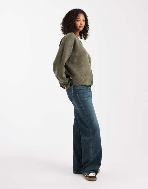 ASOS DESIGN boxy crew neck cardigan with side split detail in khaki