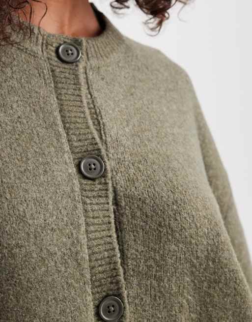 ASOS DESIGN boxy crew neck cardigan with side split detail in khaki