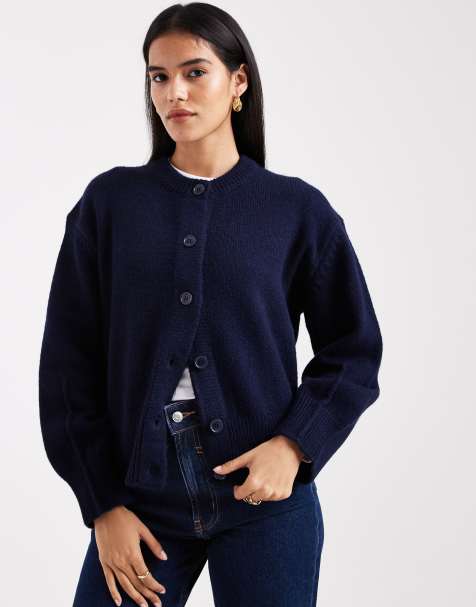 ASOS DESIGN boxy crew neck cardigan with side split detail in navy