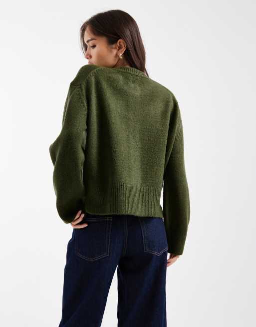ASOS DESIGN boxy crew neck cardigan with side split detail in olive, 2 of 4