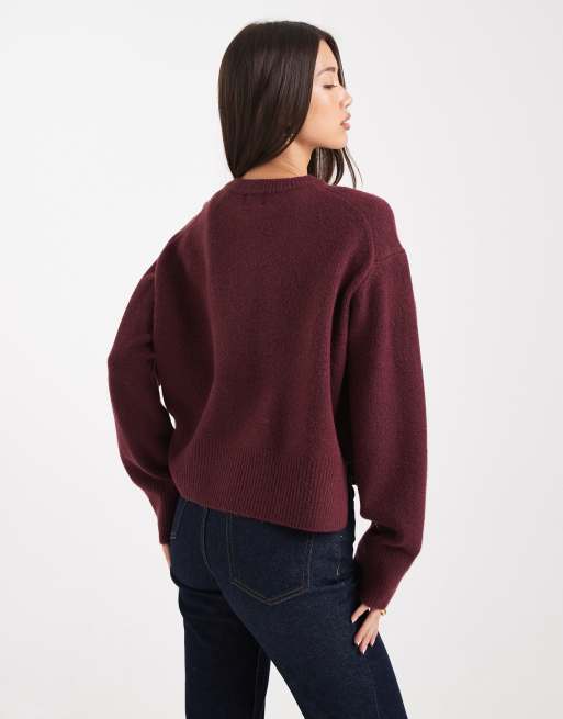 ASOS DESIGN boxy crew neck cardigan with side slit detail in plum