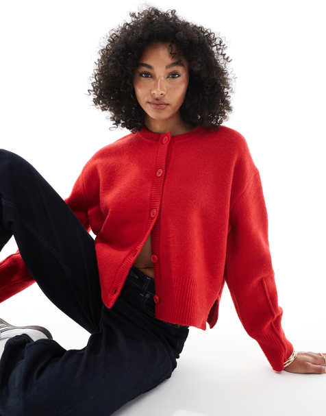 ASOS DESIGN boxy crew neck cardigan with side split detail in red - view 1