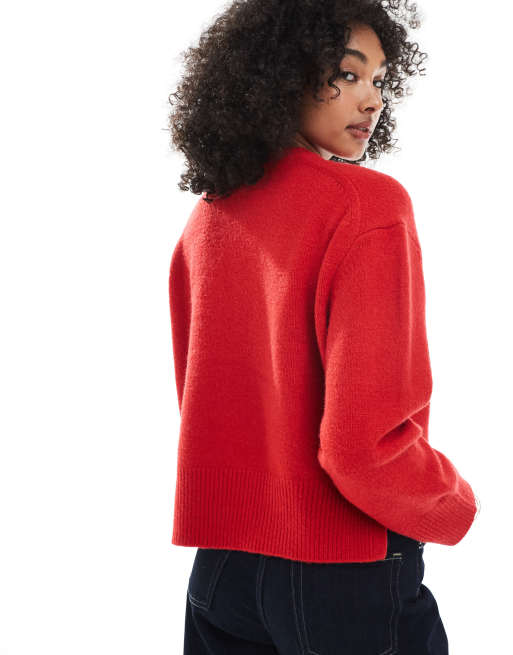 ASOS DESIGN boxy crew neck cardigan with side slit detail in red