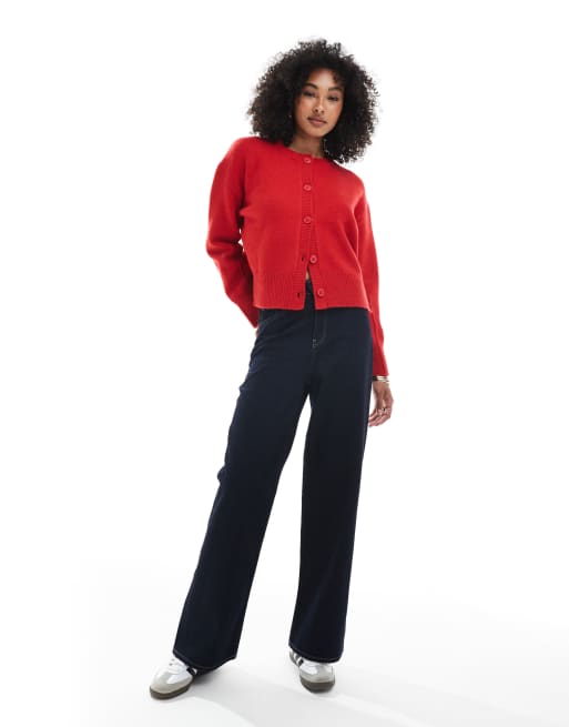 ASOS DESIGN boxy crew neck cardigan with side slit detail in red
