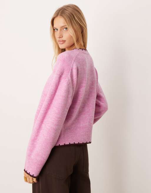 ASOS DESIGN boxy crew neck cardigan with side split detail with blanket stitch in pink, 3 of 4