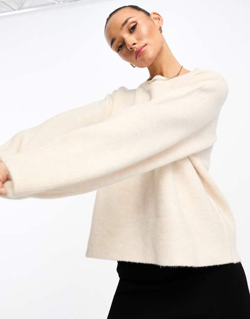 Asos Design Boxy Crew Neck Jumper In Cream Asos