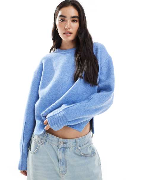 ASOS DESIGN boxy crew neck jumper with side split detail in blue - view 1