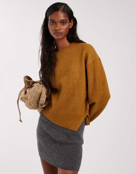 ASOS DESIGN boxy crew neck jumper with side split detail in brown - view 1