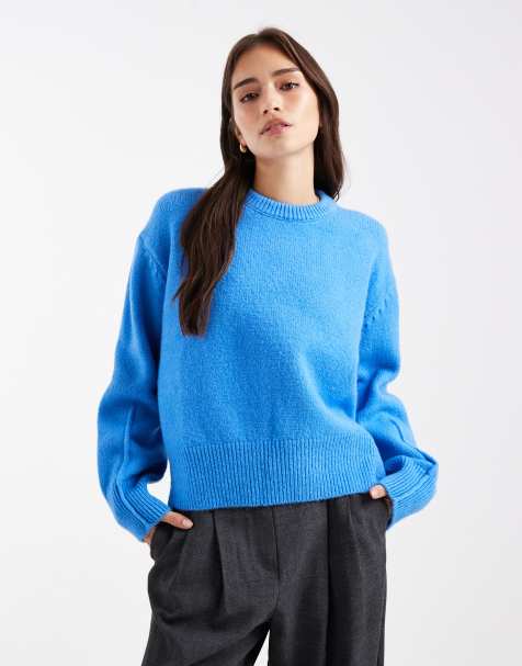 ASOS DESIGN boxy crew neck jumper with side split detail in light blue - view 1