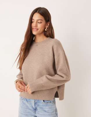 ASOS DESIGN boxy crew neck jumper with side split detail in mocha - view 1