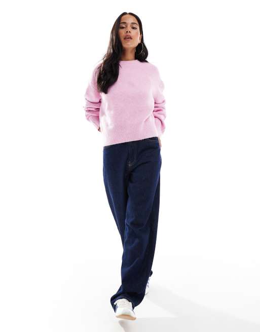 ASOS DESIGN boxy crew neck sweater with side split detail in pink