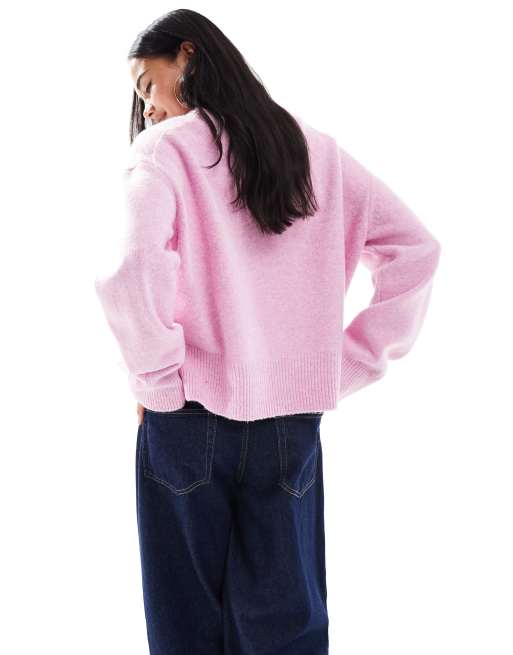 ASOS DESIGN boxy crew neck sweater with side split detail in pink