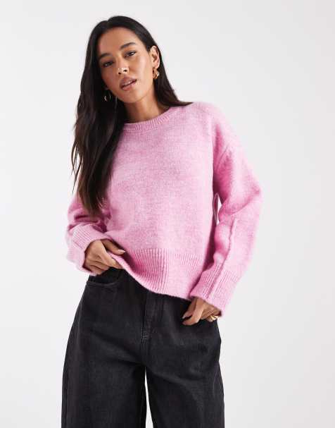 ASOS DESIGN boxy crew neck jumper with side split detail in pink - view 1