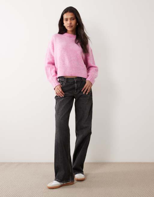 ASOS DESIGN boxy crew neck jumper with side split detail in pink, 2 of 4