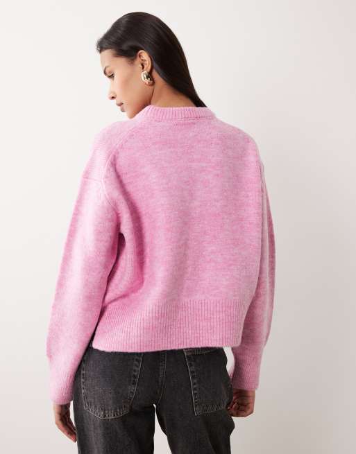 ASOS DESIGN boxy crew neck jumper with side split detail in pink, 3 of 4