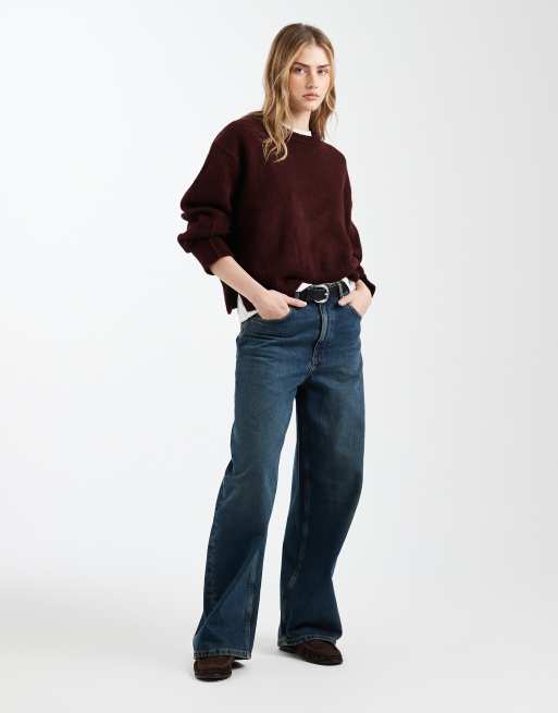 ASOS DESIGN boxy crew neck jumper with side split detail in plum, 3 of 4