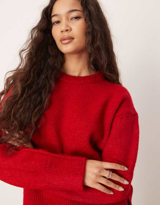 ASOS DESIGN boxy crew neck jumper with side split detail in red, 3 of 4